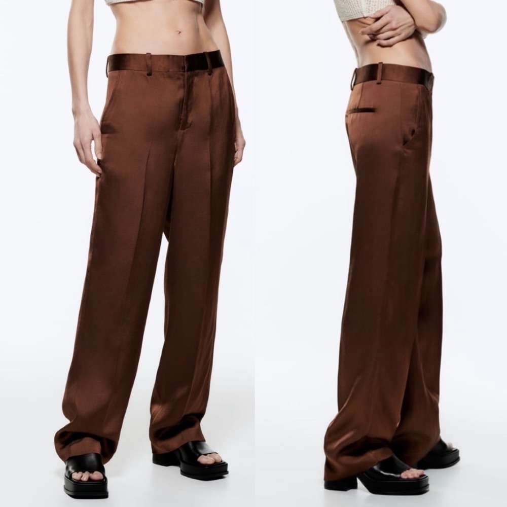 NWOT Zara Brown Satin Sheen Straight Leg Dress Pants Trousers Women's Size M